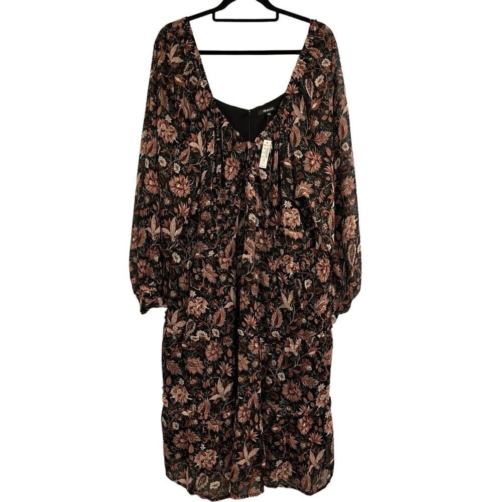 Madewell Plus 24W Amalia Tiered‎ Pampas Blooms Dress Metallic Black Floral NWT